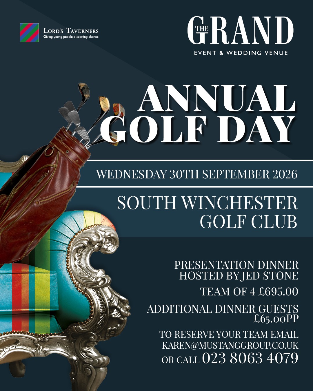 The Grand Annual Golf Day 2026 poster, Wednesday 30 September 2026 at South Winchester Golf Club, in aid of Lord's Taverners