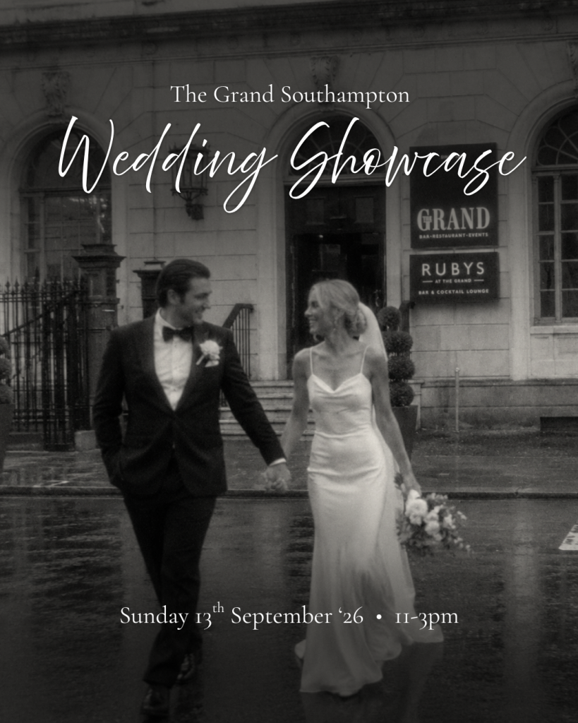 Bride and groom walking hand in hand outside The Grand Southampton, Wedding Showcase Sunday 13th September 2026