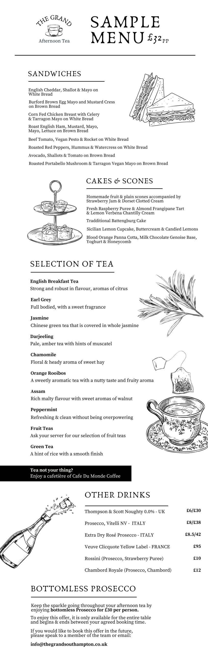 The Grand Southampton afternoon tea sample menu, 32 pounds per person, listing sandwiches, cakes and scones, a selection of teas and other drinks