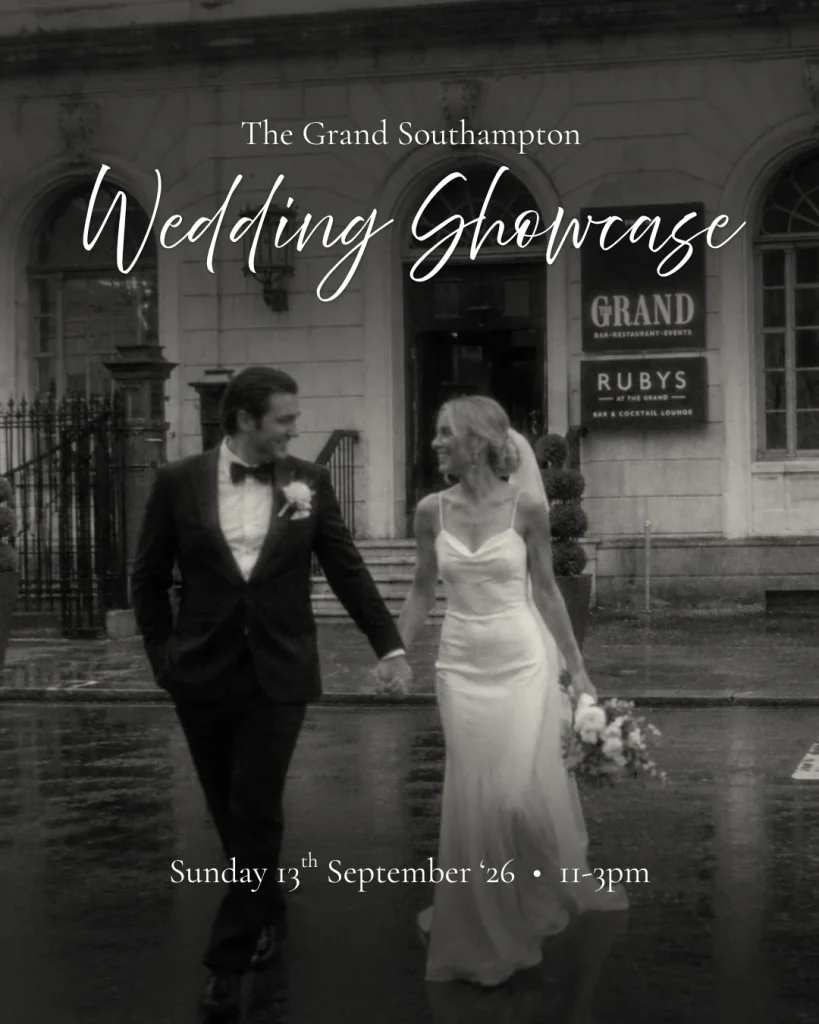Bride and groom walking hand in hand outside The Grand Southampton, Wedding Showcase Sunday 13th September 2026