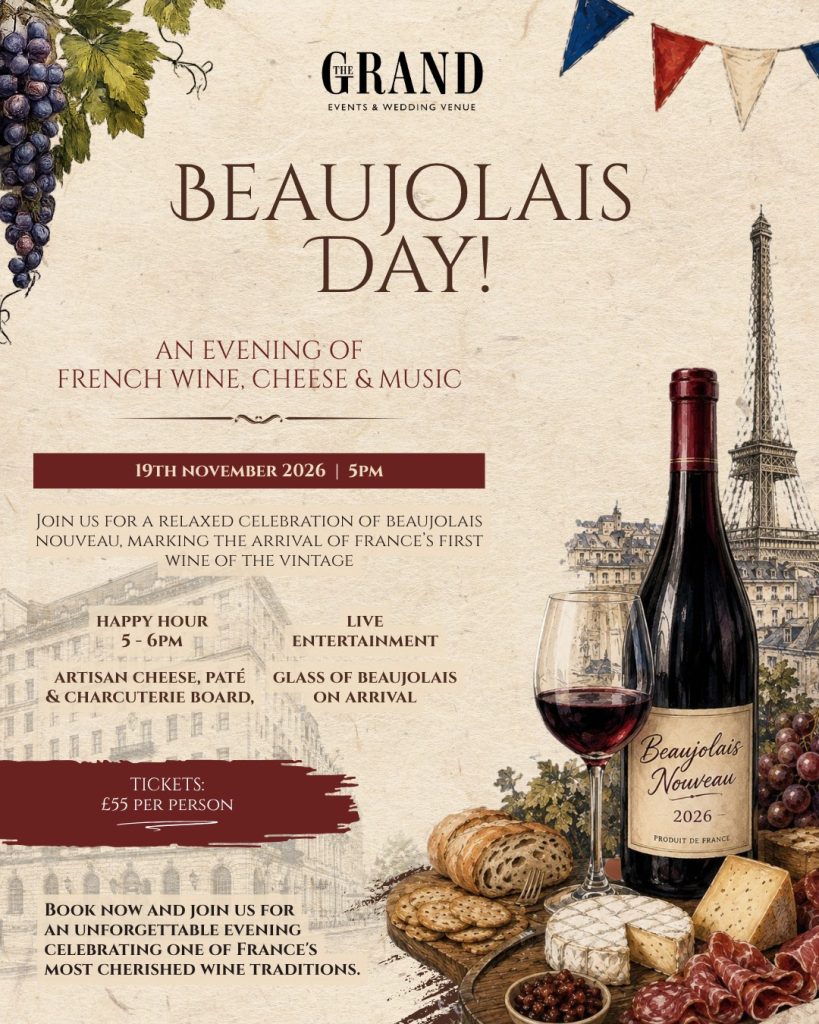 Beaujolais Day at The Grand, an evening of French wine, cheese and live music, Thursday 19th November 2026