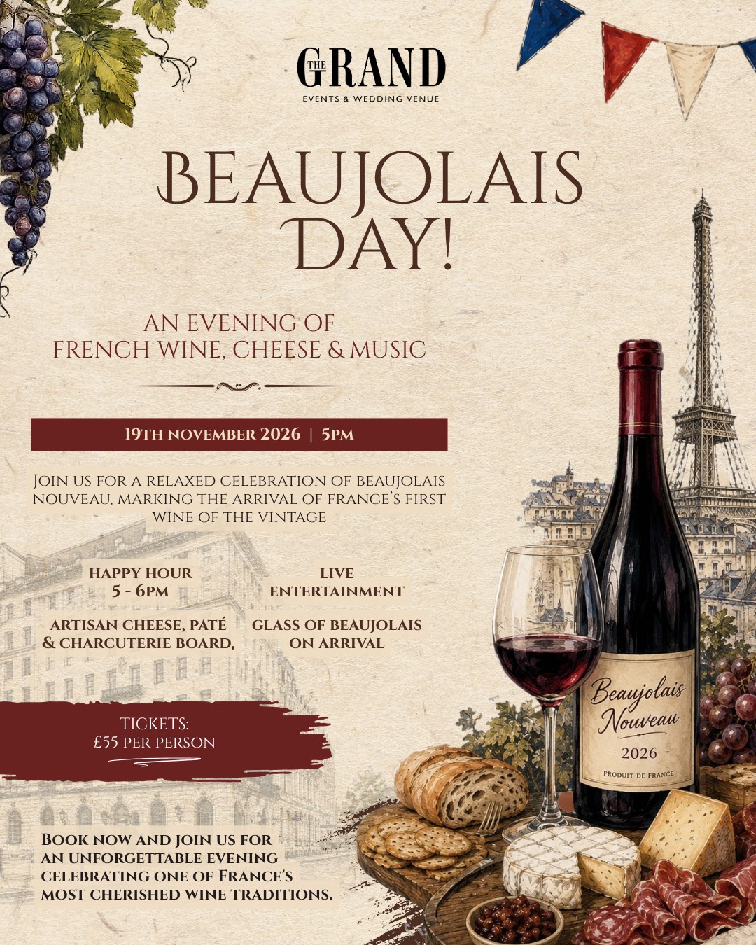 Beaujolais Day at The Grand, an evening of French wine, cheese and live music, Thursday 19th November 2026