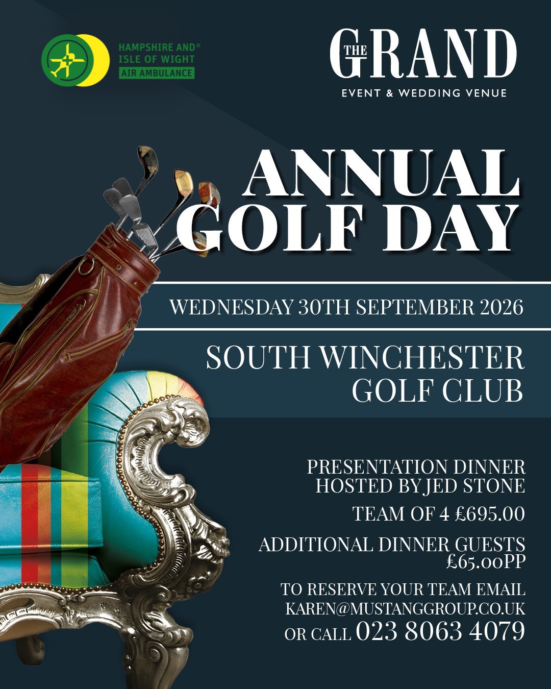 The Grand Annual Golf Day, Wednesday 30th September 2026 at South Winchester Golf Club, in aid of Hampshire and Isle of Wight Air Ambulance
